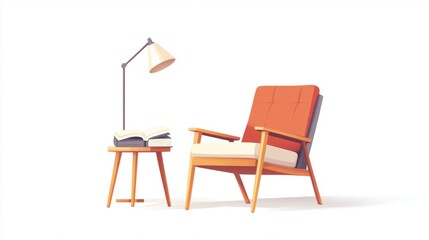 A minimalist clipart of a chair and lamp set, with an open book resting on a small side table, on white