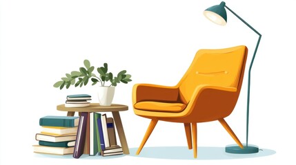 Fototapeta premium A simple clipart illustration of a chair, a side lamp, and books scattered on a small table, on white