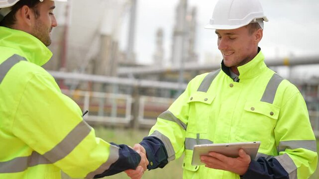 Engineer worker hand shaking to colleagues team for success work at construction site of petroleumchemical industry or refinery oil plant factory