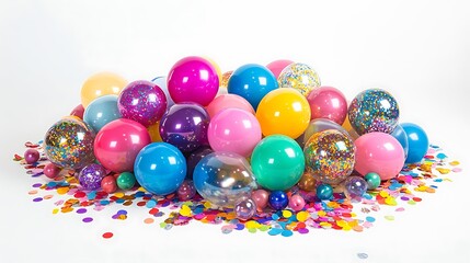 Colorful balloons and confetti pile on white background.