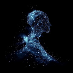 Abstract digital human profile, showcasing interconnectedness and technology. A striking profile view of a human head, rendered in a futuristic, abstract style.