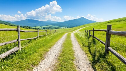 Fototapeta premium Dirt Path Through Green Pastures with Fence