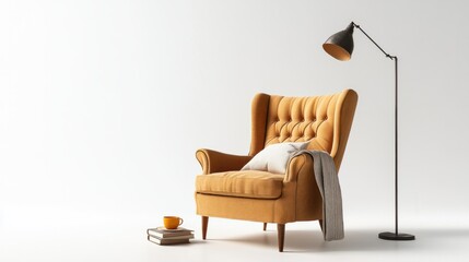 Cozy armchair with a cup of tea and a floor lamp beside it, creating a warm reading vibe, isolated on white