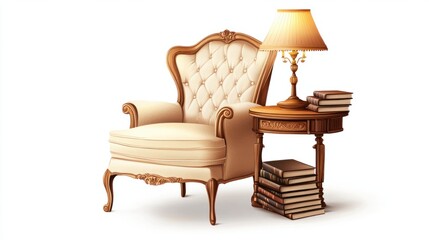 Fototapeta premium Elegant illustration of a classic chair and a side table with a glowing lamp and books stacked neatly, isolated on white