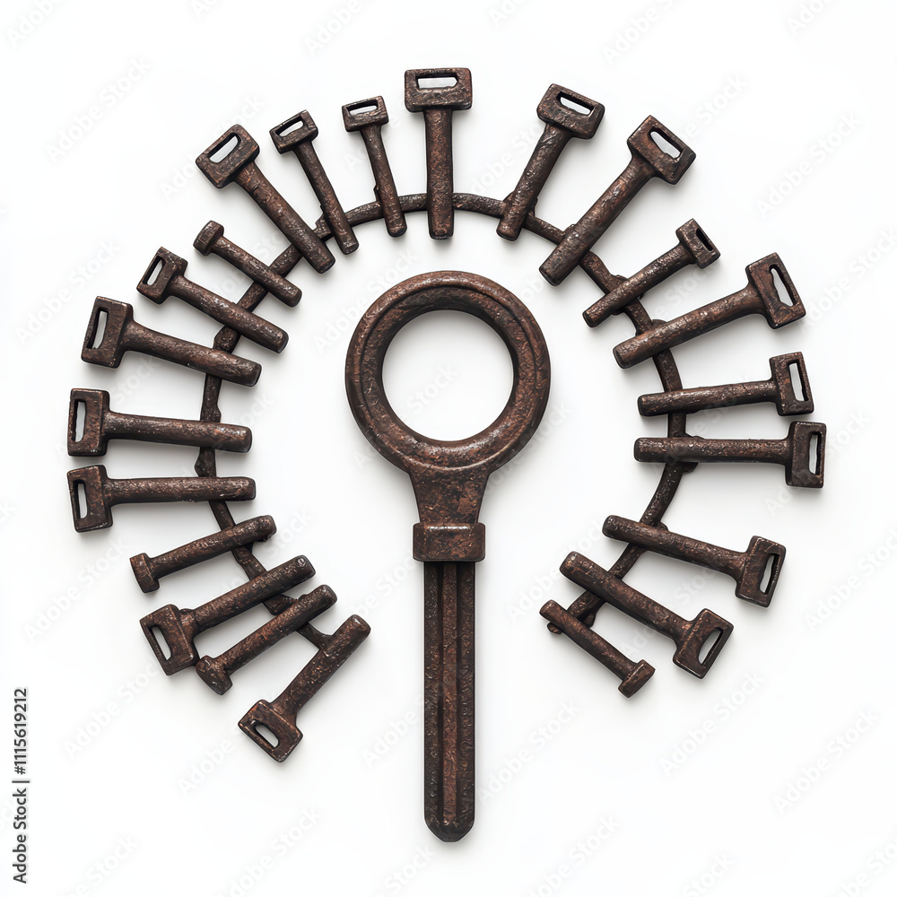 Poster unique arrangement of vintage keys in circular pattern, showcasing their intricate designs and textu