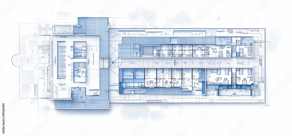 Poster architectural blueprint of a building layout with multiple rooms.