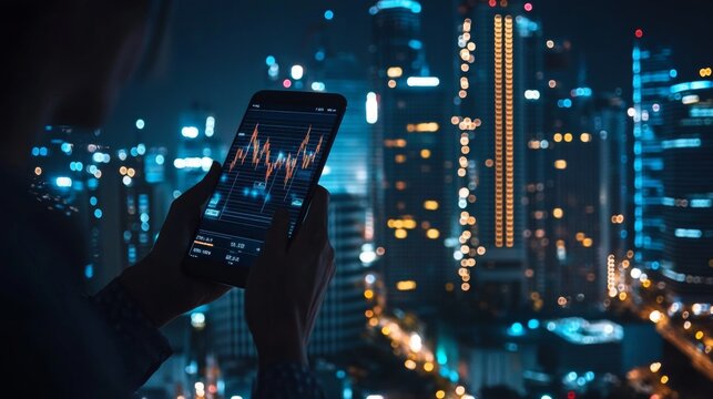 Investor Tracking Financial Charts with a Mobile Phone App Against City Skyline at Night.