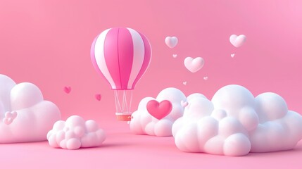 Romantic Hot Air Balloon with Clouds and Hearts