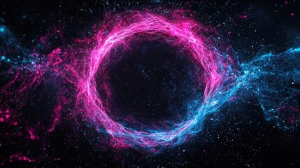 twisting rotating fluid thin circle of energy , pink blue particles energetic circle on black background