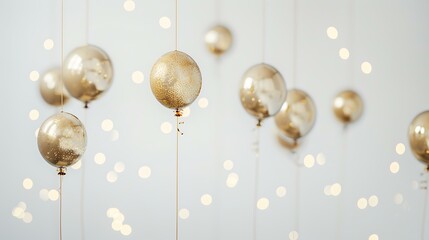 Fototapeta premium A minimalist design with a focus on floating gold balloons and golden confetti scattered on a clean white background with subtle bokeh lights
