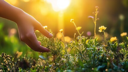Fototapeta premium Golden Hour Serenity: A Hand Gently Caressing Summer Blossoms