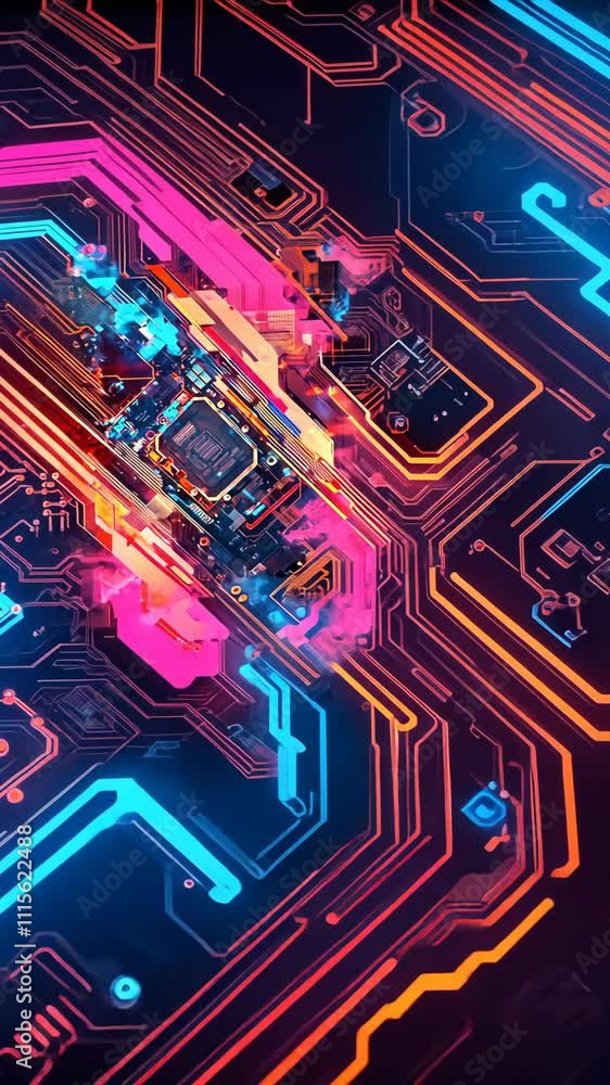 Poster colorful circuit board design with vibrant neon elements and intricate details in electronic technol