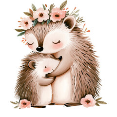 Hugging woodland hedgehogs Mama and baby with flowers