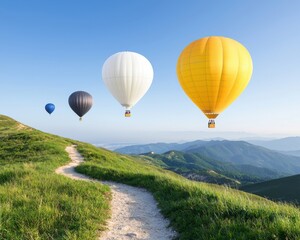 Naklejka premium Colorful Hot Air Balloons Soaring Above Scenic Mountain Landscape