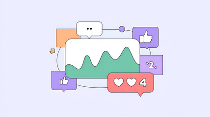 Engaging social media metrics displayed through colorful graphs and reaction icons on a light background