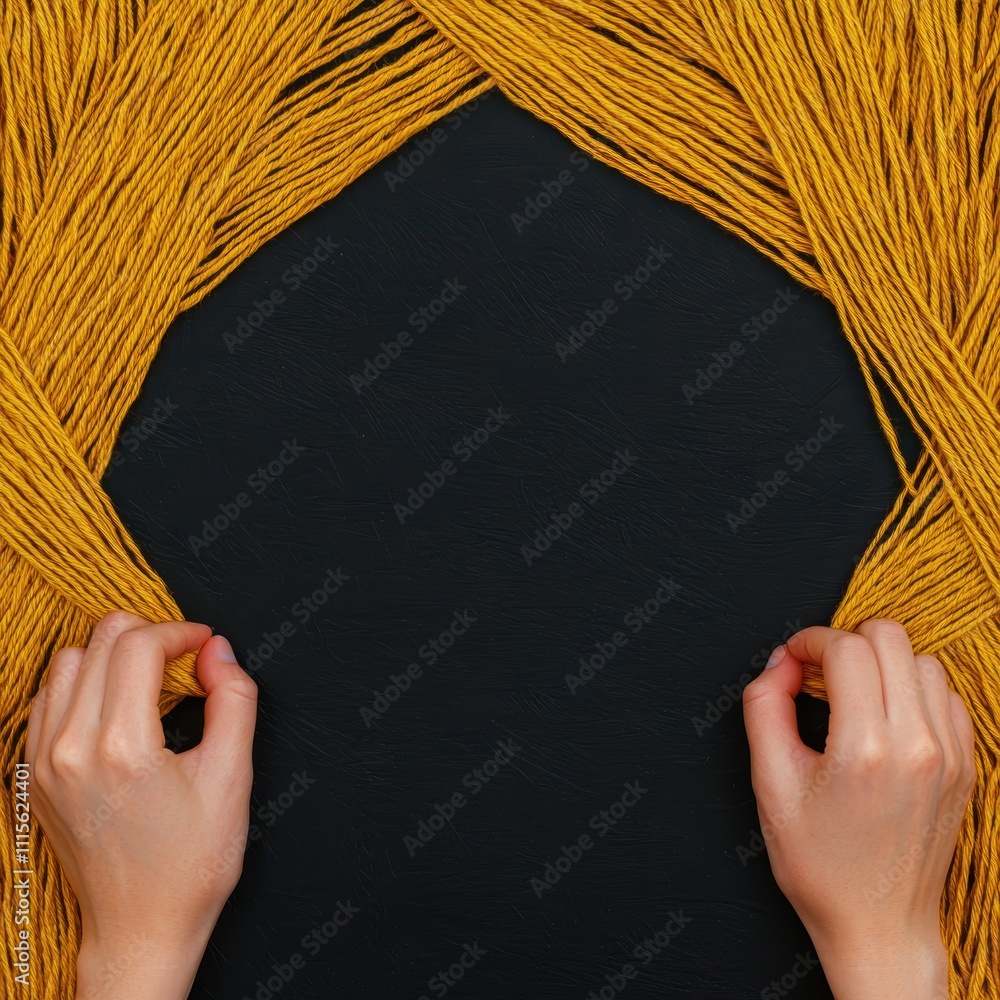 Poster a top-down view of hands arranging vibrant yellow threads against a dark background, creating a fram