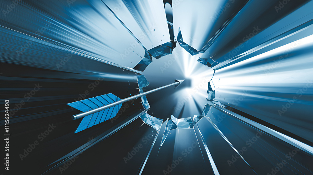 Poster arrow piercing through a shattered barrier, creating a dynamic burst of light and energy