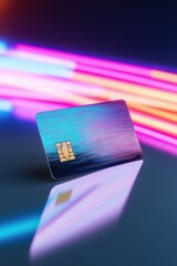 A credit card is shown on a table with neon lights in the background. The card is blue and silver, and it is a credit card from a bank. The neon lights in the background create a futuristic