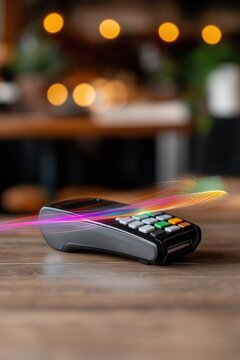 A credit card reader is shown with a colorful, swirling effect around it. Concept of motion and energy, as if the credit card reader is in the midst of a dynamic transaction