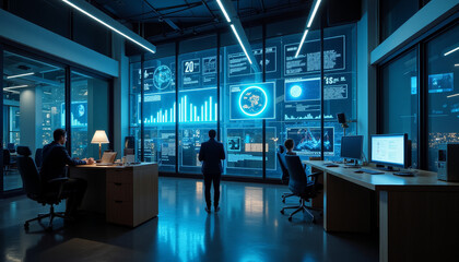 Innovative team analyzing data in a modern office with a stunning cityscape view at night