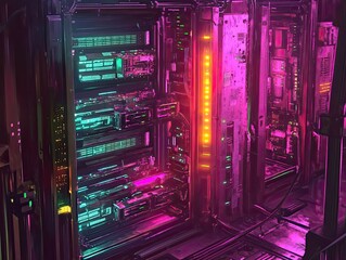 Obraz premium Neon-lit futuristic server room; complex machinery.