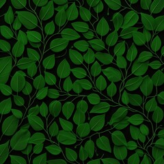 A rich, dark background features an intricate pattern of vibrant green leaves, creating a lush and organic aesthetic.
