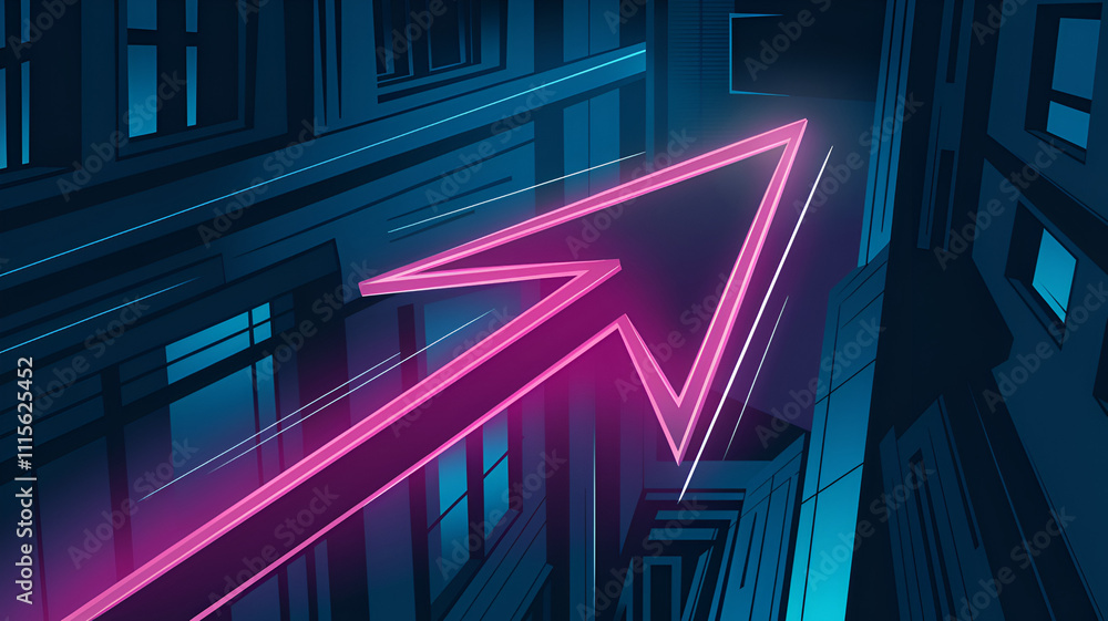 Poster neon arrow design pointing upward in an urban setting at night with vibrant colors and dynamic lines