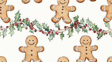 Fototapeta premium A festive pattern featuring cheerful gingerbread cookies and holly, perfect for holiday decorations and seasonal designs.