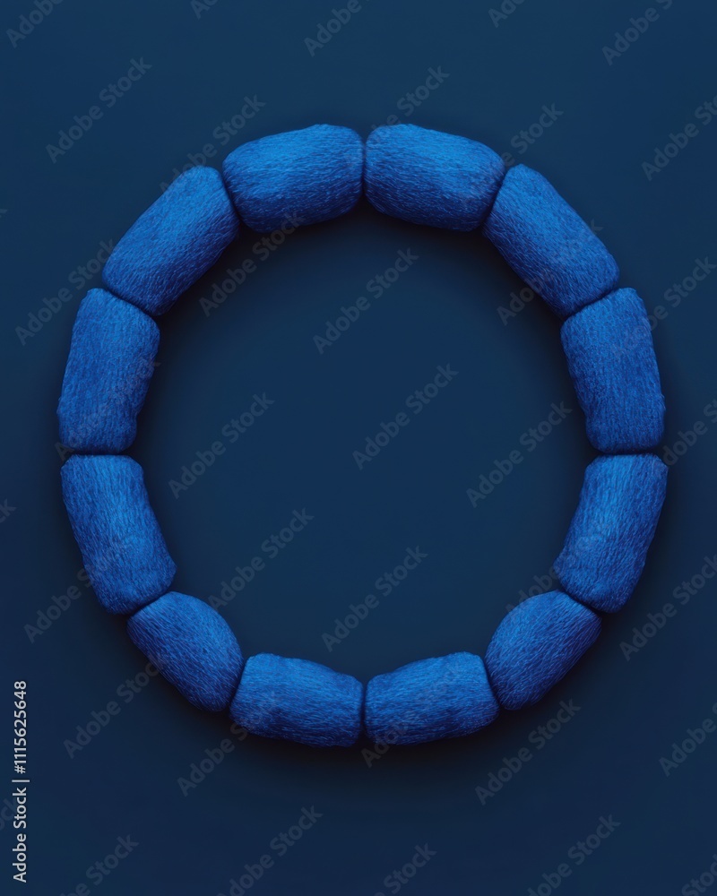 Poster a circular arrangement of textured blue shapes on a dark background, creating a minimalist and moder