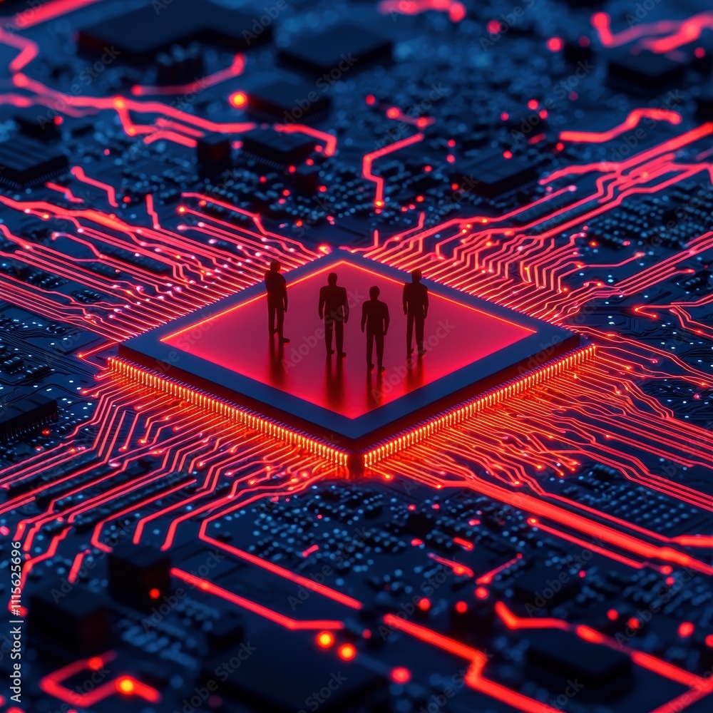 Poster a futuristic depiction of figures standing on a glowing microchip, surrounded by intricate circuit p