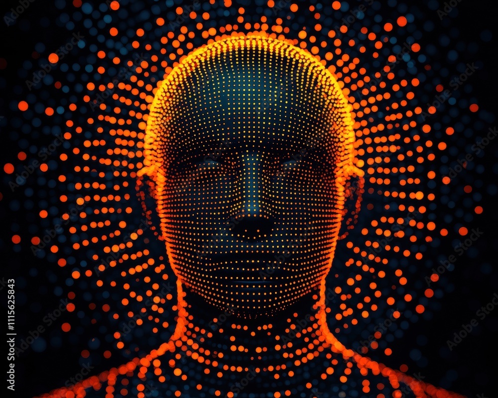 Poster a digital representation of a human figure, highlighted with orange and black dots, creating a strik
