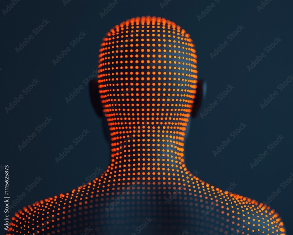 Poster a stylized figure covered in a grid of orange dots against a dark background, creating a striking vi