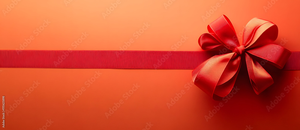 Poster top view of red ribbon rolled and red bow isolated on colored background. flat lay with copy space