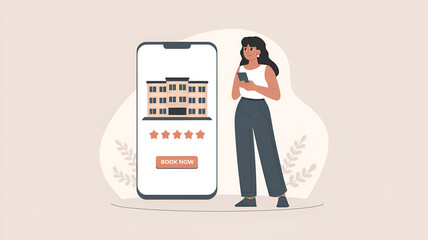 Woman booking a hotel online using a smartphone while standing next to a digital display of a hotel