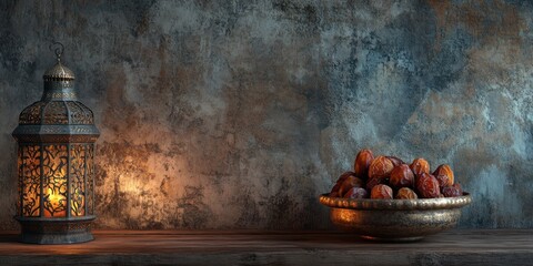 Serene Ramadan Setting: Lantern, Dates, and Rustic Background