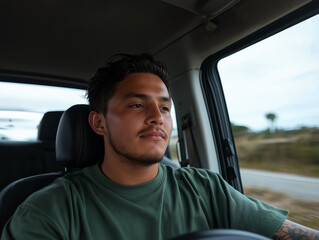 Young Man Driving, Focused Expression and Urban Lifestyle Vibe
