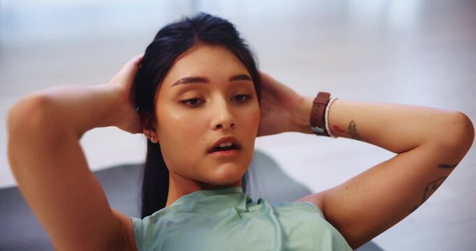 Fitness, woman and bicycle crunch for workout, body health and stomach exercise for muscle closeup. Core, abs and strong person on floor for strength training, energy and power for six pack in home