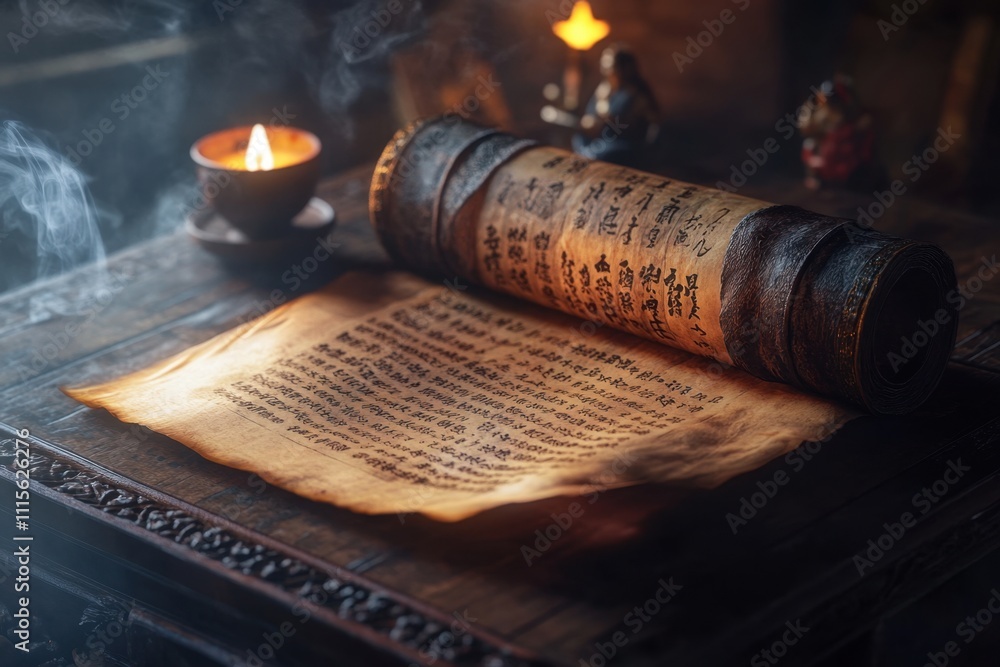 Poster a scroll of paper with a candle on top of it