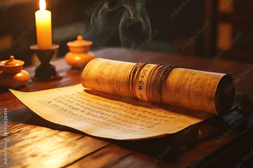 Poster a scroll of paper with a candle on top of it