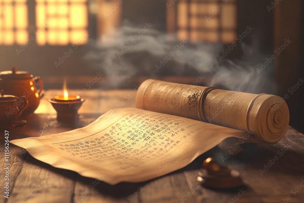 Fototapete a scroll of paper with chinese writing on it sits on a wooden table