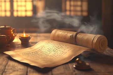 A scroll of paper with Chinese writing on it sits on a wooden table