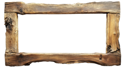 Rustic rectangular wooden frame of light wood with knots on a transparent background