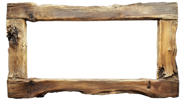 Rustic rectangular wooden frame of light wood with knots on a transparent background