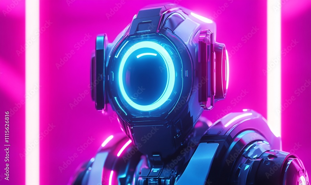 Poster futuristic robot with glowing features in a neon-lit environment.