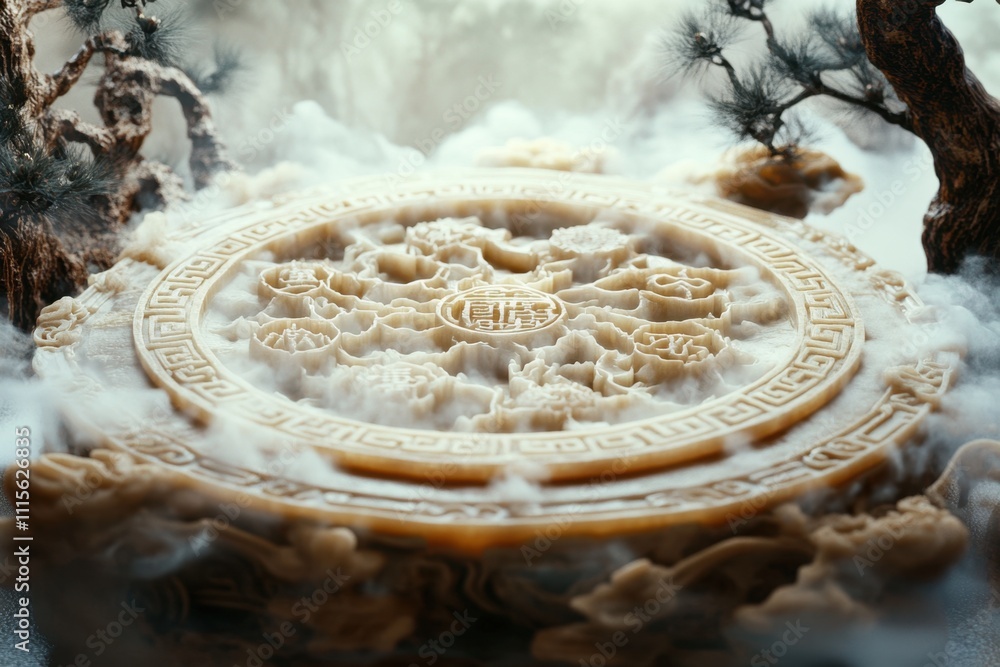 Poster a round object with a lot of detail and a lot of smoke in the background