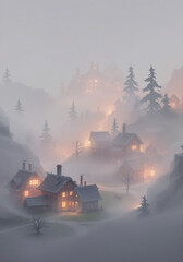 Fototapeta premium Illustration d’un village enneigé avec lumières chaleureuses dans la brume