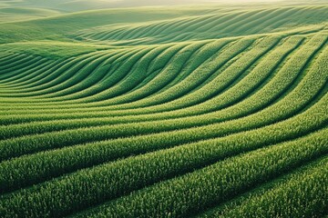 Rolling green hills, planted fields.