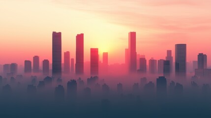 Obraz premium Pollution toxins air. Urban skyline at sunset with a hazy atmosphere.