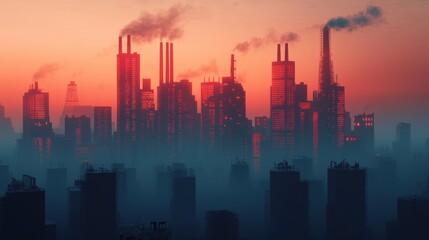 Fototapeta premium Pollution toxins air. Urban skyline at sunset with industrial smokestacks and fog.