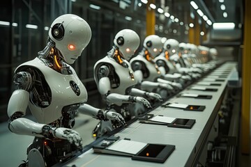 Fototapeta premium Robots working assembly line, futuristic factory.